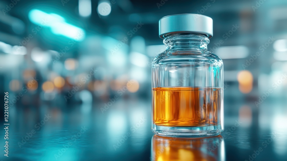 A close-up image showcases a glass vial filled with a vibrant amber liquid, set against a soft-focus background, illuminating the vial beautifully. Ideal for health and science. A close-up image showcases a glass vial filled with a vibrant amber liquid, set against a soft-focus background, illuminating the vial beautifully. Ideal for health and science.