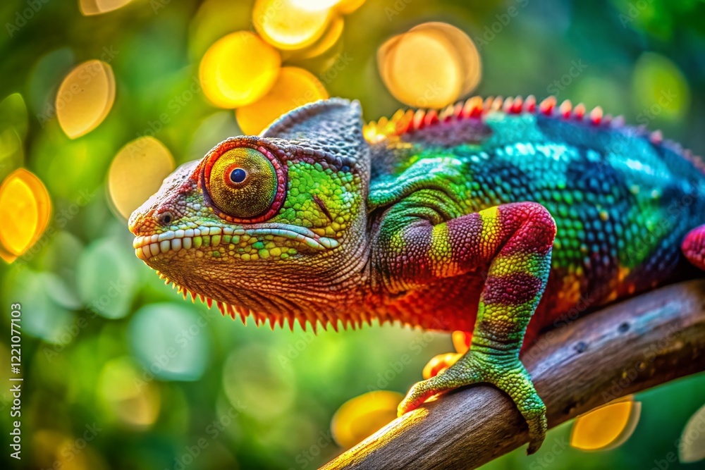 Fototapeta premium Vibrant Chameleon on Branch: Close-Up Macro Photography