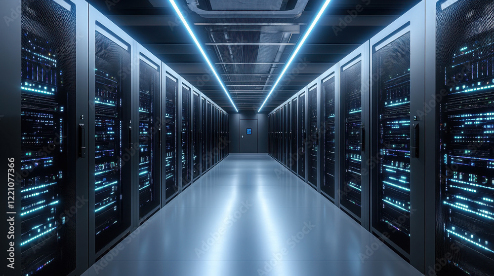 Futuristic data center with rows of servers and glowing lights Futuristic data center with rows of servers and glowing lights