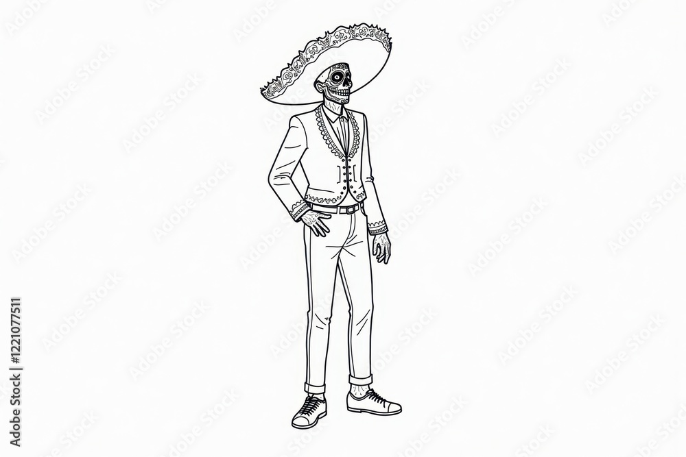 Obraz premium A person dressed in a traditional The Day of the Dead costume stands confidently against a solid background. Their face is painted like a sugar skull, showcasing vibrant colors