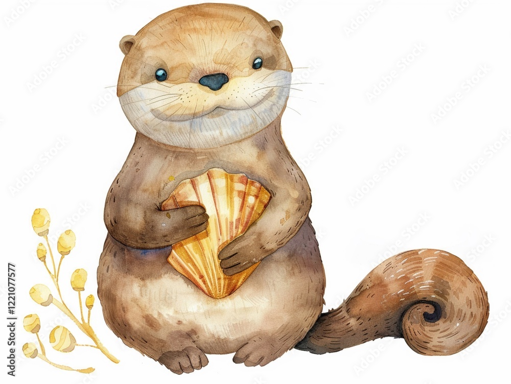 Naklejka premium Clipart of a playful otter with a shell watercolor