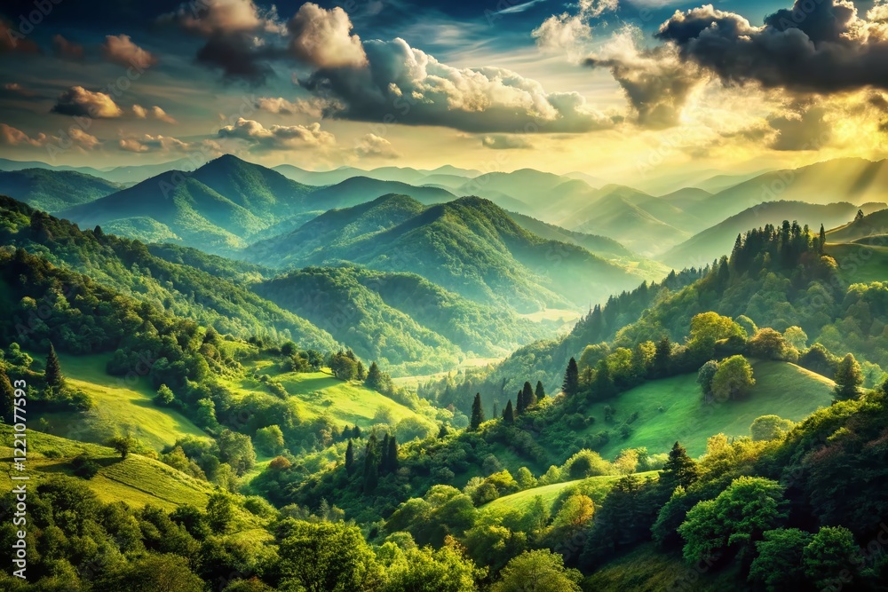 Obraz premium Vintage Green Mountain Scenery: Rolling Hills and Lush Forests