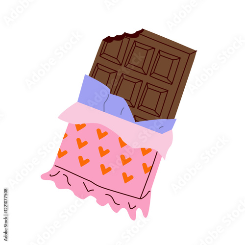 Delicious chocolate for Valentine's day. Tasty cocoa product. Hand drawn modern illustration. Sweet, delicious dessert. For pastry shop, wrapping.