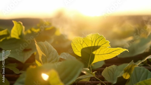 Warm sunlight illuminating tea leaves during withering process