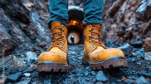 A person wearing rugged yellow boots stands at the entrance of a rocky tunnel, illuminated faintly photo