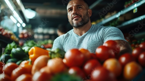 A well-built man poses amidst heaps of colorful fresh vegetables in a grocery store, showcasing the importance of nutritious food choices for a healthy lifestyle.