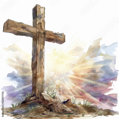 Clipart of a rugged wooden cross at sunrise watercolor