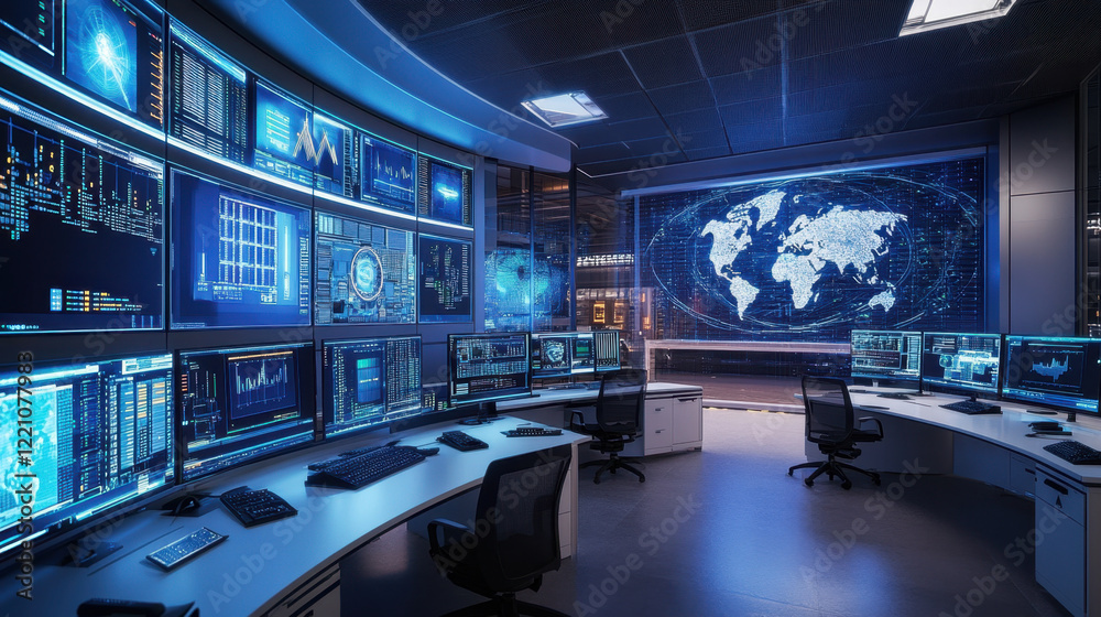 High tech data center with multiple screens displaying global information and analytics High tech data center with multiple screens displaying global information and analytics