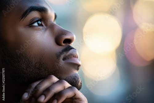 Man gazing upward with a reflective expression under soft bokeh lighting. photo