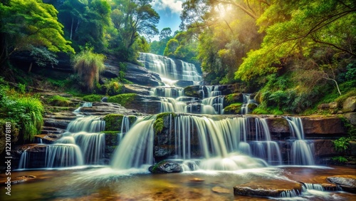 Vintage Leura Cascades, Blue Mountains, Australia: Majestic Waterfall Landscape