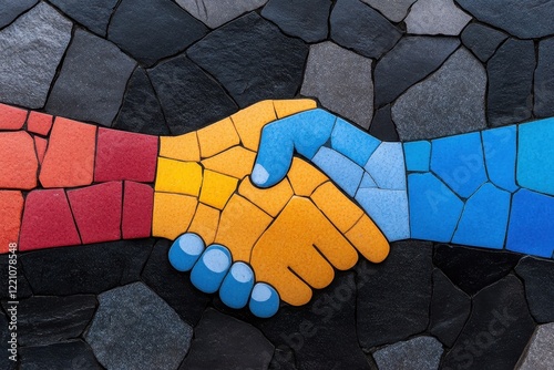 Two hands shaking over a vibrant colorful mosaic background symbolizing agreement and cooperation in business