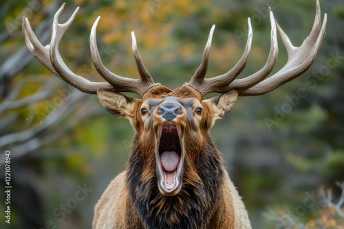 Large Bull Elk Bugling in Autumn Forest photo