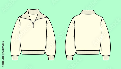 Funnel neck knitted long sleeve sweater flat sketch outline template CAD for Men's, Unisex.