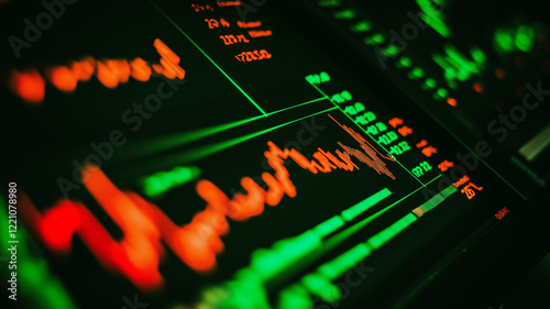 Graph and data in bright green and orange digital colours on a black screen. Background for technology, business, stock and finance.