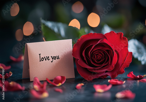 Romantic Setting with Red Rose and Heartfelt Note