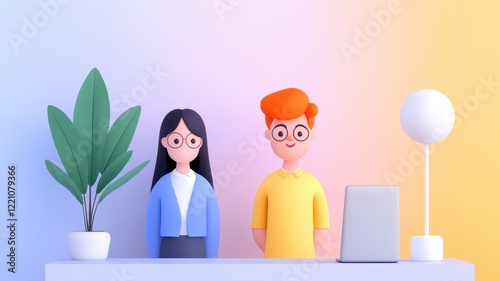 Two people sitting at a desk working on a laptop collaborating in a modern office environment together