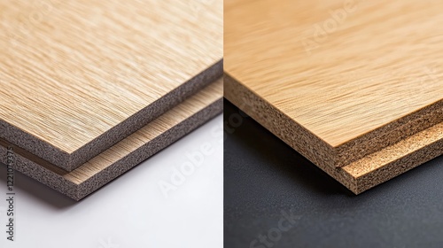 A side-by-side comparison of melamine-faced fibreboard and HMR melamine-coated chipboard, contrasting their vibrant surfaces for a clear visual. photo