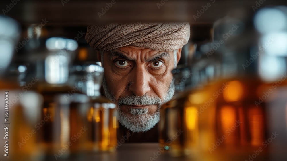 An elder artisan studies a stunning array of perfume bottles closely, reflecting the depth, emotion, and rich history woven into the art of fragrance creation. An elder artisan studies a stunning array of perfume bottles closely, reflecting the depth, emotion, and rich history woven into the art of fragrance creation.