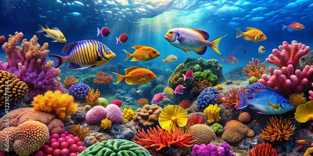 Fototapeta premium Vibrant Coral Reef: Underwater Paradise with Colorful Fish and Marine Life