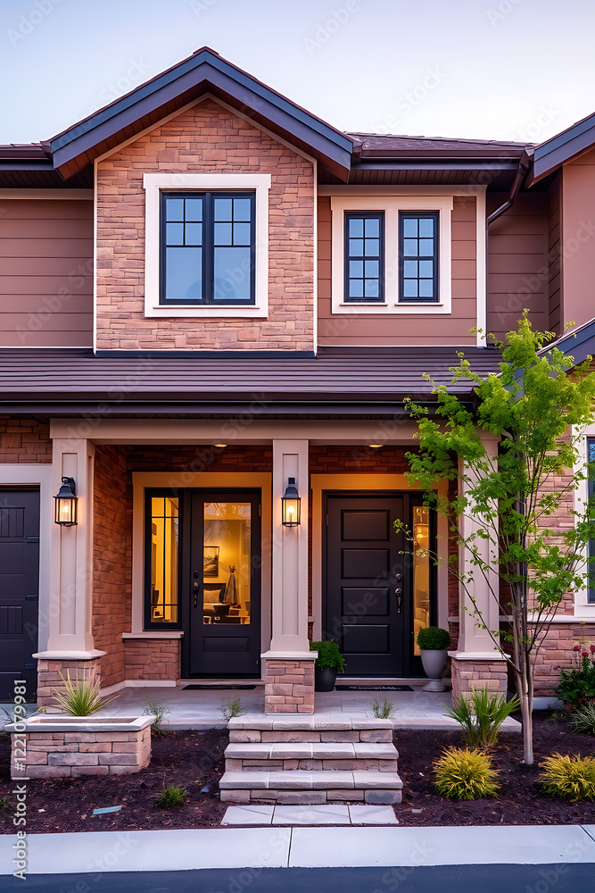 Obraz premium Luxury Home Exterior: Modern Brick House with Stunning Facade and Landscaping