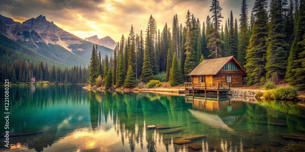 Obraz premium Vintage Photo: Secluded Canadian Lake Cabin, Rustic Serenity