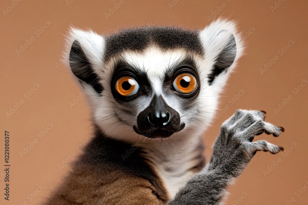 Fototapeta premium Ring tailed lemur making a funny face and raising its hand on a brown background