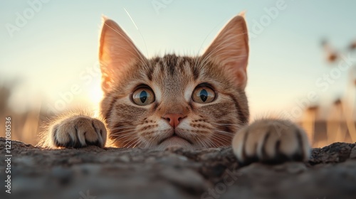 A tabby cat gazes hopefully from a rocky ledge against a warm backdrop, its large expressive eyes reflecting a sense of wonder and tranquility in nature.