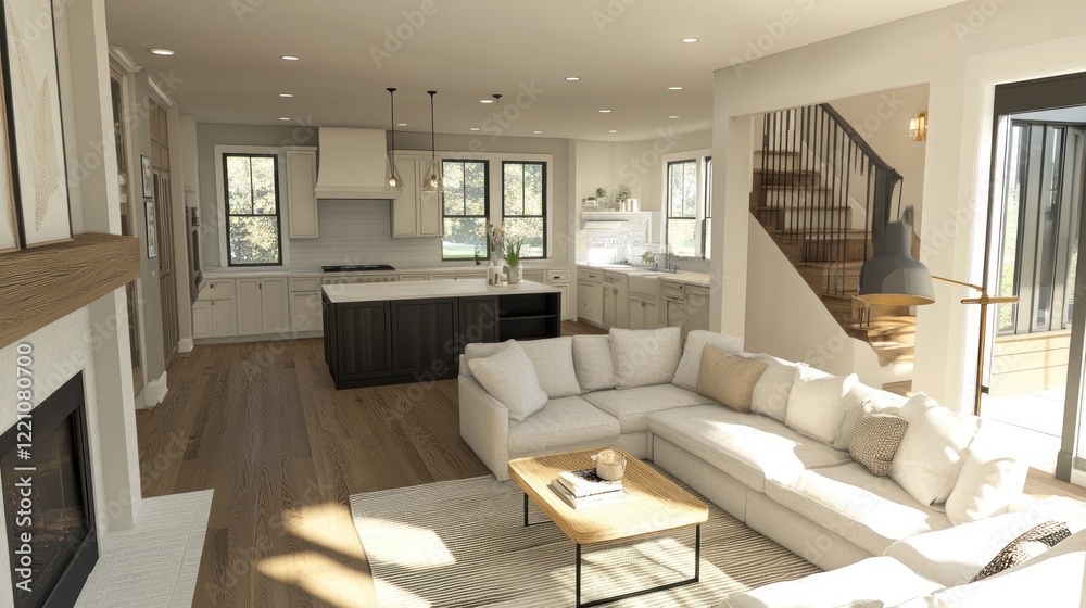 Fototapeta premium Modern Farmhouse Kitchen and Living Room Design