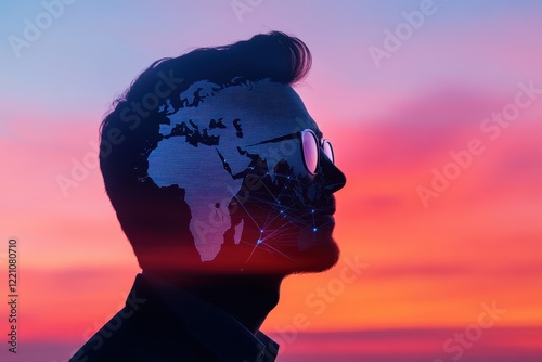 Man with world map on his face symbolizing global awareness and cultural diversity in a unique artistic expression