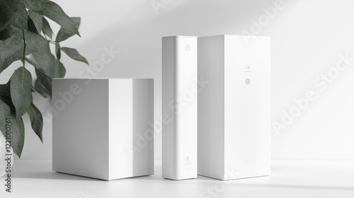 Smart home automation system with tall white packaging displayed in a side view arrangement