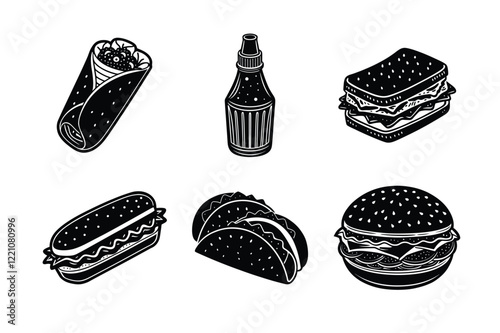 A Bundle of fast food black Vector illustration isolated icon