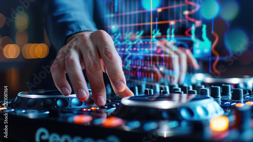 Close up of DJ hands manipulating soundboard with colorful sound waves. vibrant atmosphere enhances excitement of live music performance