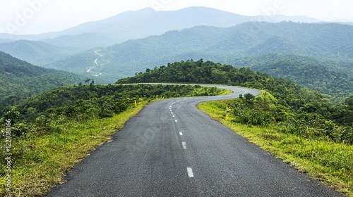 Winding road adventure through lush mountains scenic landscape photography serene environment tranquil viewpoint photo