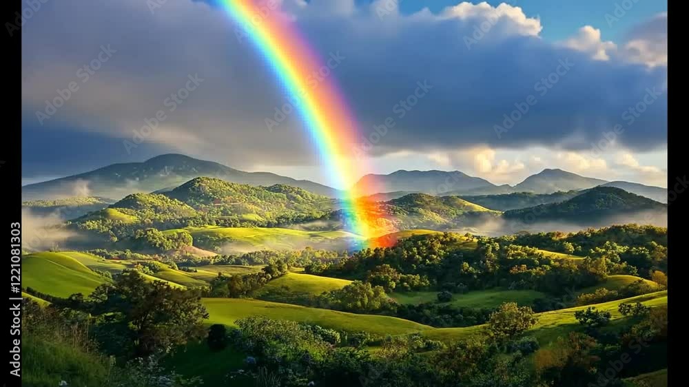 Rainbow over Lush Green Mountains and Valley Rainbow over Lush Green Mountains and Valley