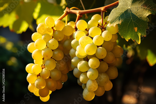 Three bunches of grapes are hanging from a vine. The grapes are ripe and ready to be picked