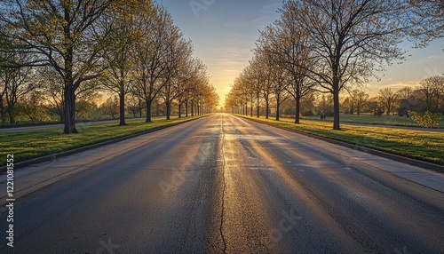 Sunrise Roadway Lined With Trees In Spring