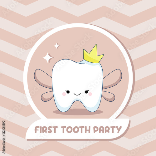 The first tooth is a party for the baby. Boho-colored invitation and banner template with a kawaii tooth fairy