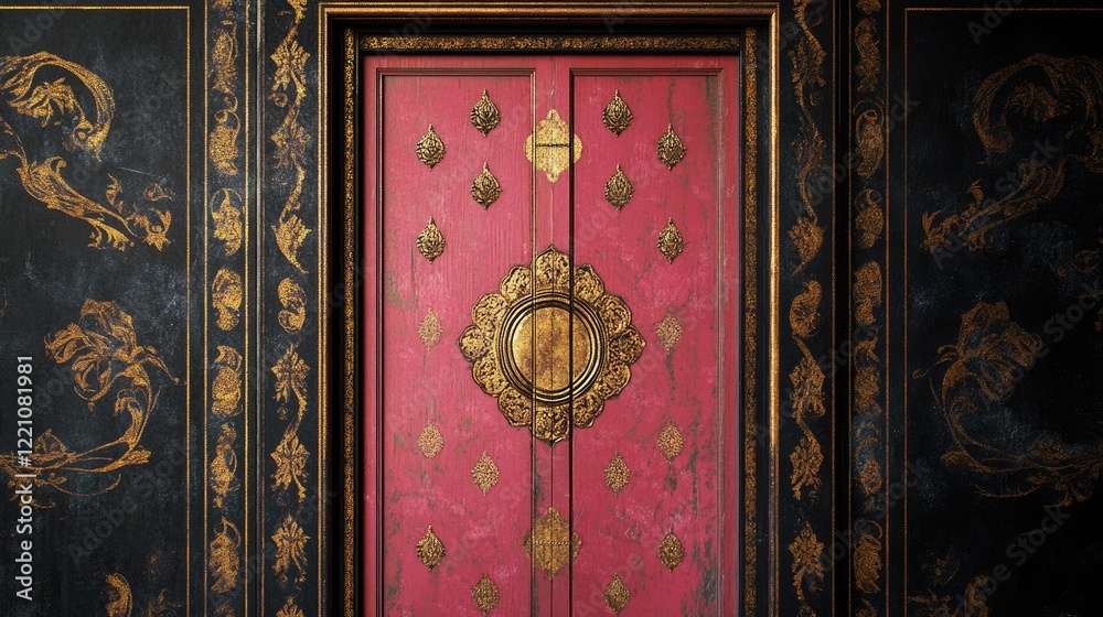 A stunning blend of Indian and Arabic door design, featuring golden motifs on pink and peach, standing out against a dramatic black background. A stunning blend of Indian and Arabic door design, featuring golden motifs on pink and peach, standing out against a dramatic black background.