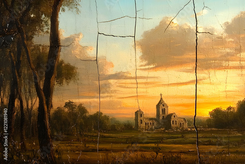 painting of english countryside with church ruins in the background  dramatic lighting and clouds sunset 