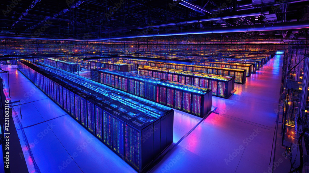 Fototapeta premium wide view of data center with illuminated server racks showcasing technology