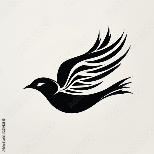 Minimalist black bird silhouette with stylized wings on white background photo