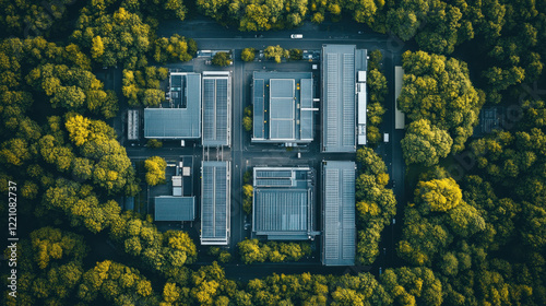 Aerial view of modern data center surrounded by lush greenery