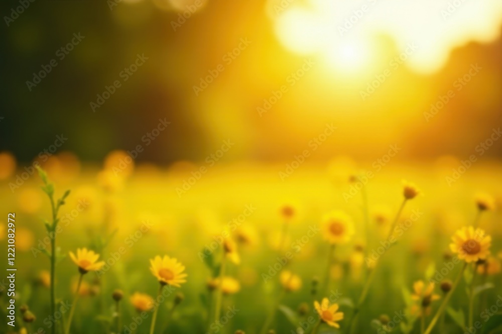 Obraz premium Sun-drenched field, blurry background, vibrant yellow bokeh, field, sunshine, countryside