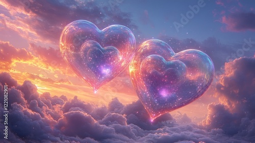 Two heart shaped balloons floating in a blue sky with whimsical magic ribbon hearts in a dreamy atmosphere