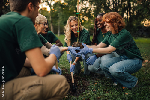 Group of volunteers planting new tree in park