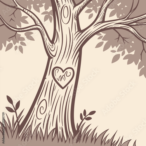 A tree carved with initials inside a heart vector illustration