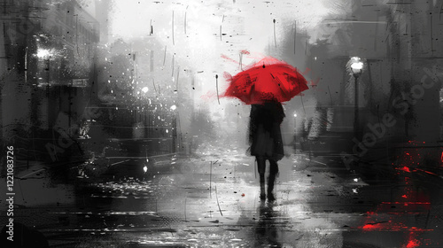 A woman holding a red umbrella walks down a rainy, dark city street. The vibrant red umbrella contrasts sharply with the monochromatic, gloomy surroundings, creating a striking visual effect.
 photo