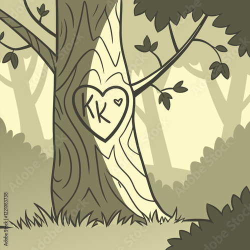 A tree carved with initials inside a heart vector illustration