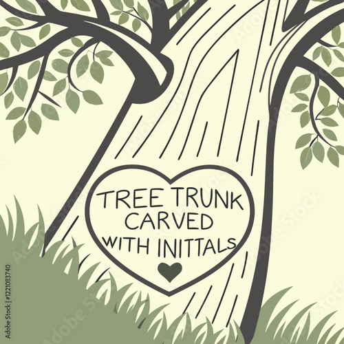 A tree carved with initials inside a heart vector illustration
