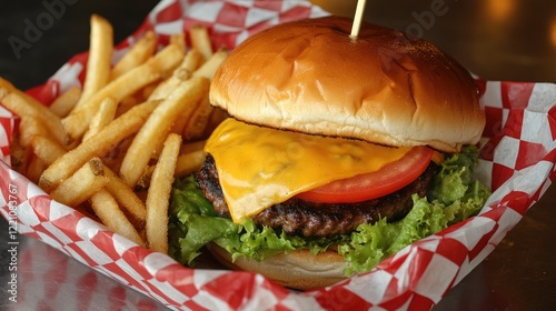 A tempting cheeseburger with lettuce, tomato, and fries, served on paper, capturing the essence of a satisfying meal.
